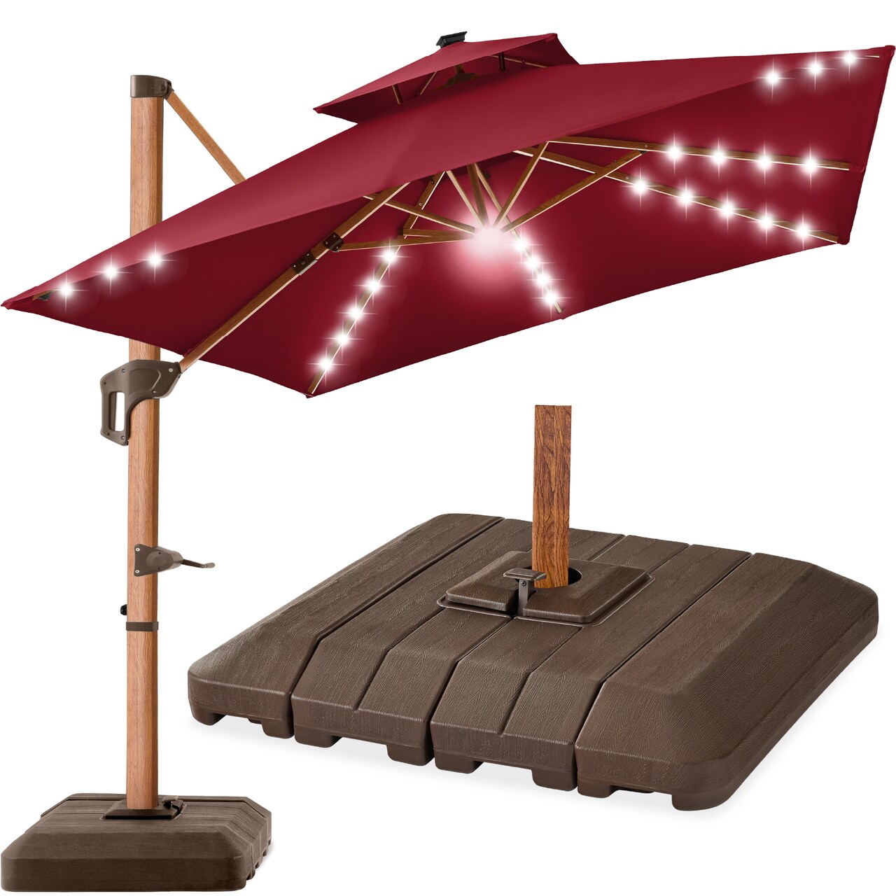 Best Choice Products 10ft Square Woodgrain Pattern 2-Tier Outdoor Solar LED Cantilever Umbrella w/ Base